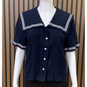 Jessica Howard Women's Navy Linen Blend Sailor Collar Pintuck Blouse 14 Nautical